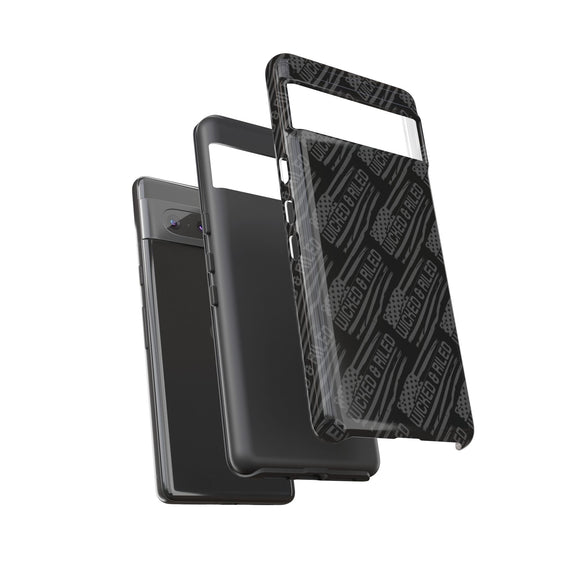 Rugged black protective phone case by Printify with a textured TOUGH CASES pattern.