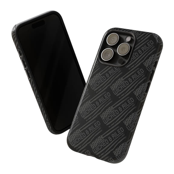 Rugged black protective phone case by Printify with a textured TOUGH CASES pattern.