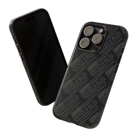 Rugged black protective phone case by Printify with a textured TOUGH CASES pattern.