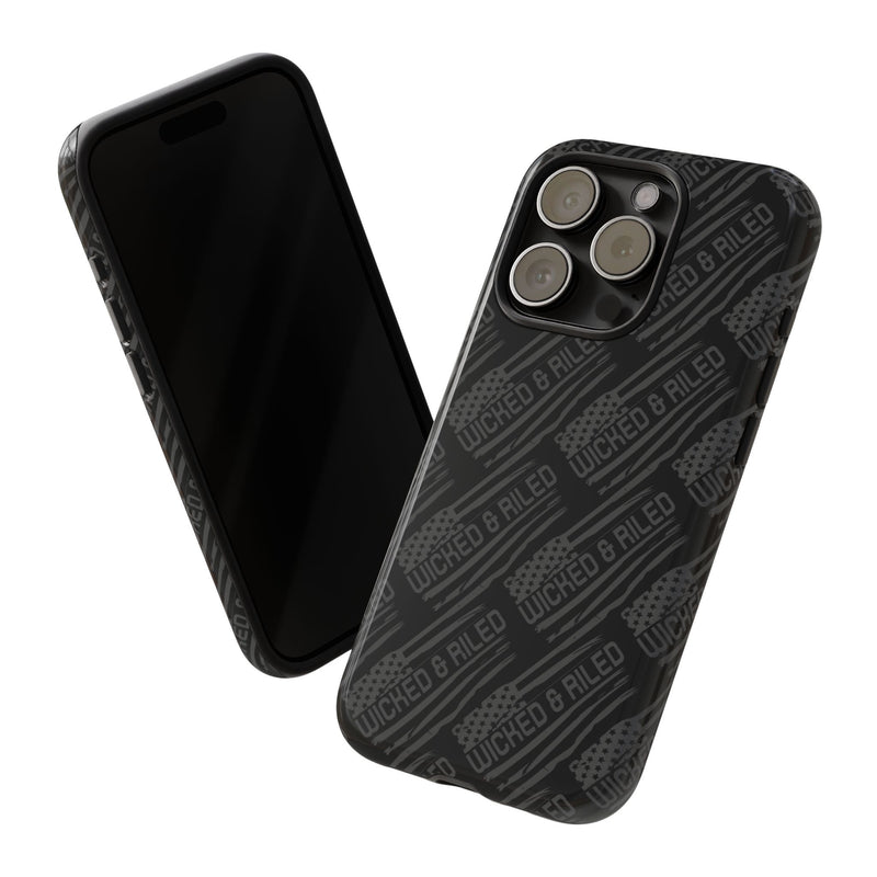 Rugged black protective phone case by Printify with a textured TOUGH CASES pattern.
