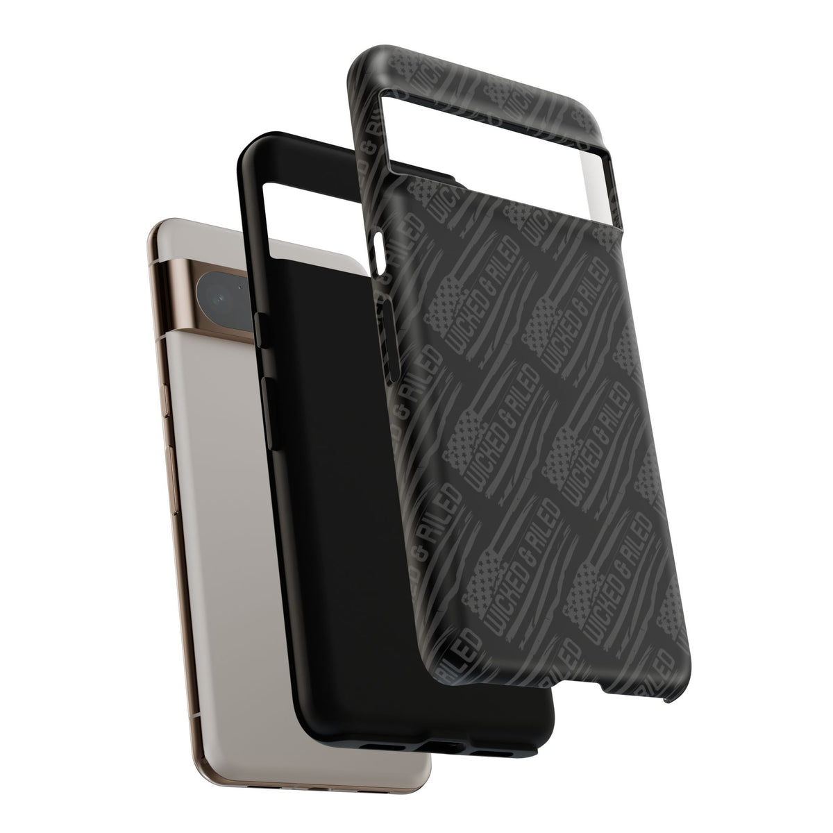 Rugged black protective phone case with 'TOUGH CASES' text pattern by Printify, showcasing durable design and texture.