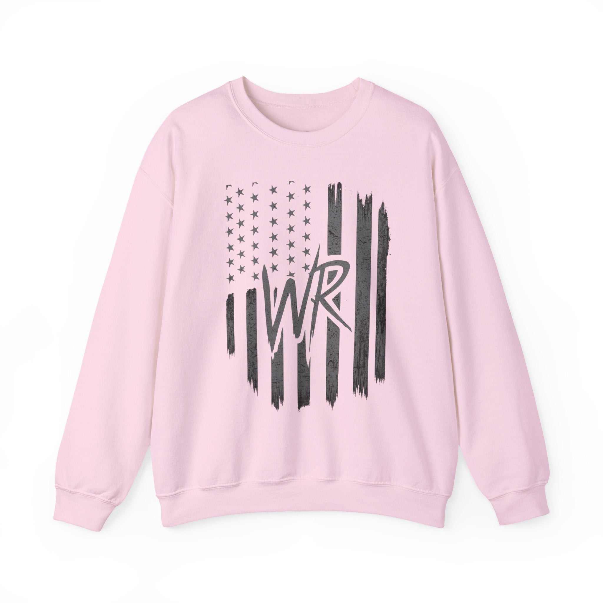 Distressed American flag crewneck sweatshirt with WR monogram, showcasing a patriotic pullover design by Printify.