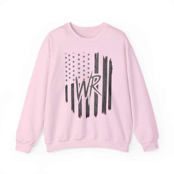 Distressed American flag crewneck sweatshirt with WR monogram, showcasing a patriotic pullover design by Printify.