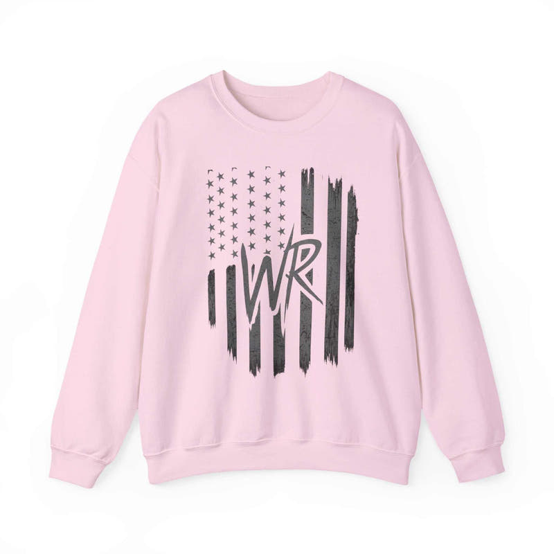 Distressed American flag crewneck sweatshirt with WR monogram, showcasing a patriotic pullover design by Printify.