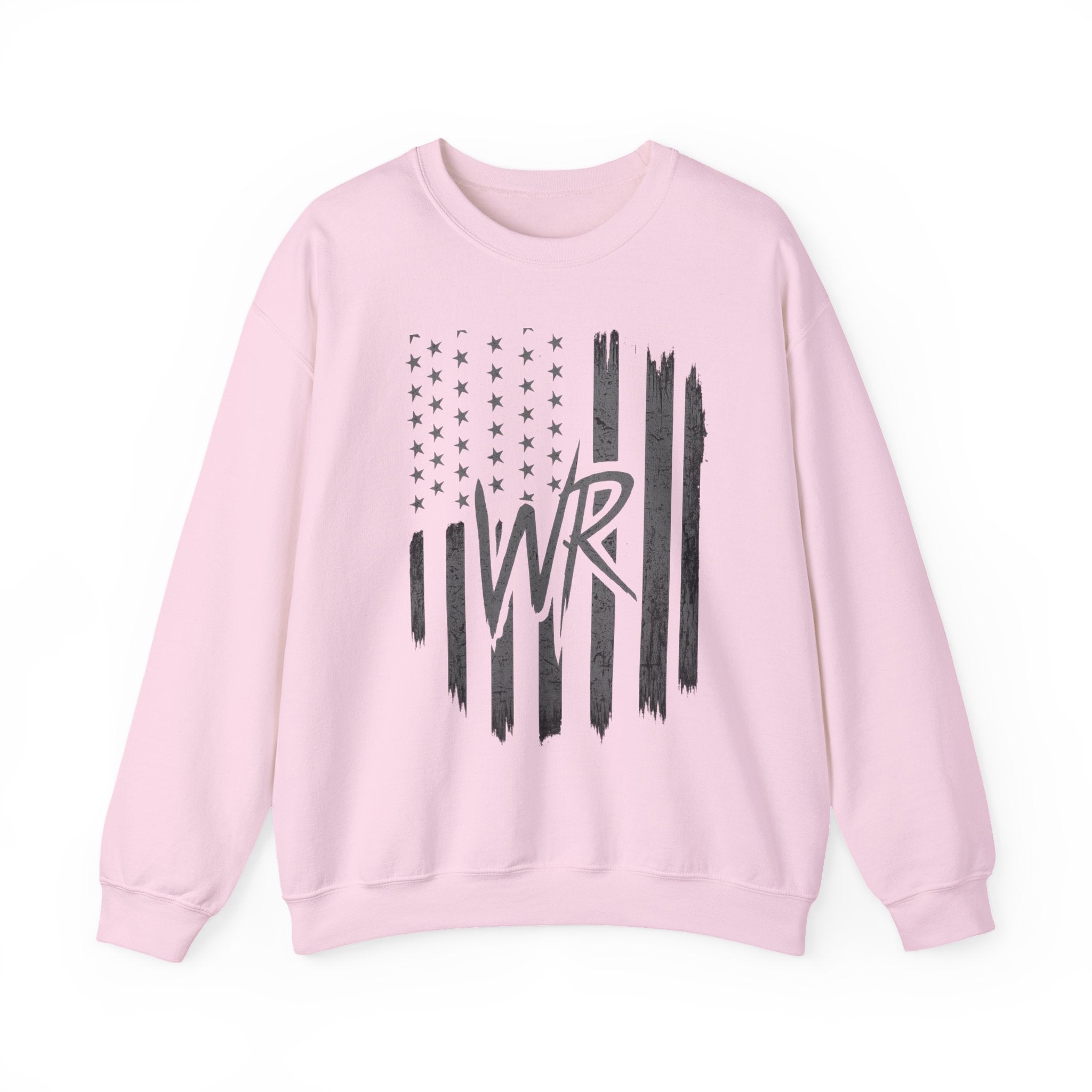 American Flag Crewneck Sweatshirt with WR Monogram — Distressed Patriotic Pullover