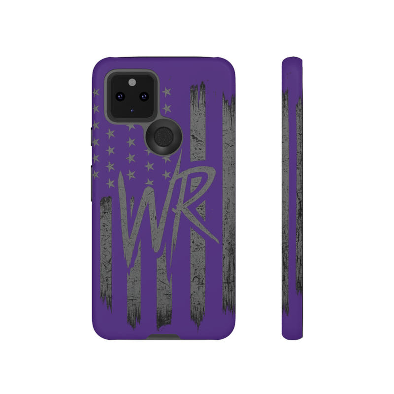 Purple 'WR' flag tough phone case by Printify, showcasing durable design and vibrant color details.