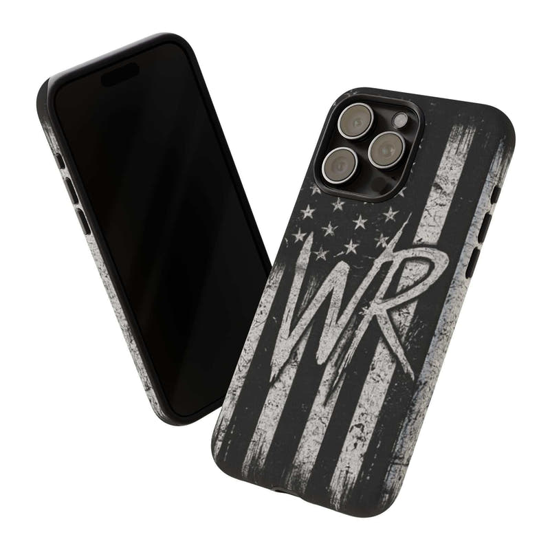 Distressed American flag design on a tough phone case featuring a monogram with the letters WR by Printify.