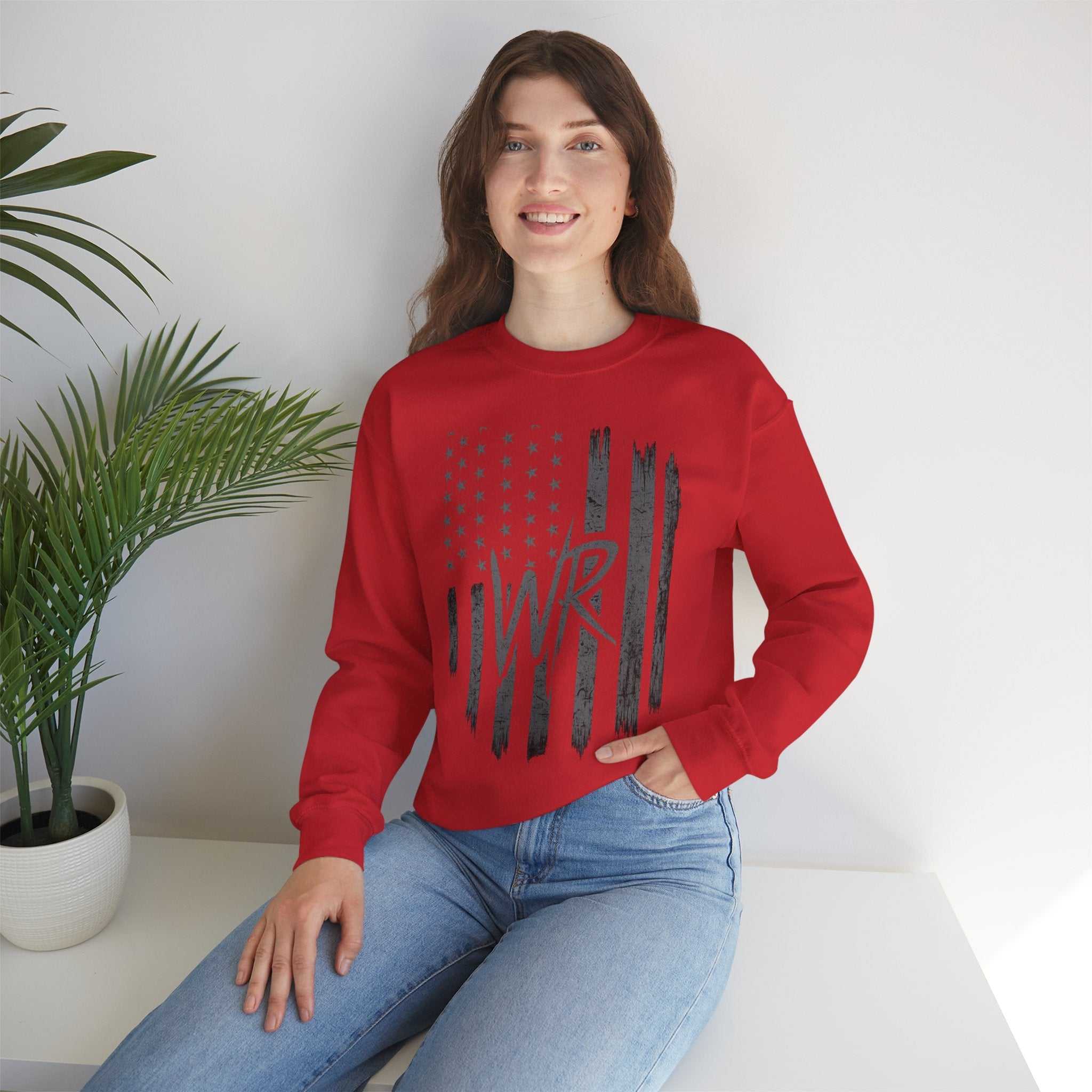 Distressed American flag crewneck sweatshirt with WR monogram by Printify, featuring a cozy pullover design.