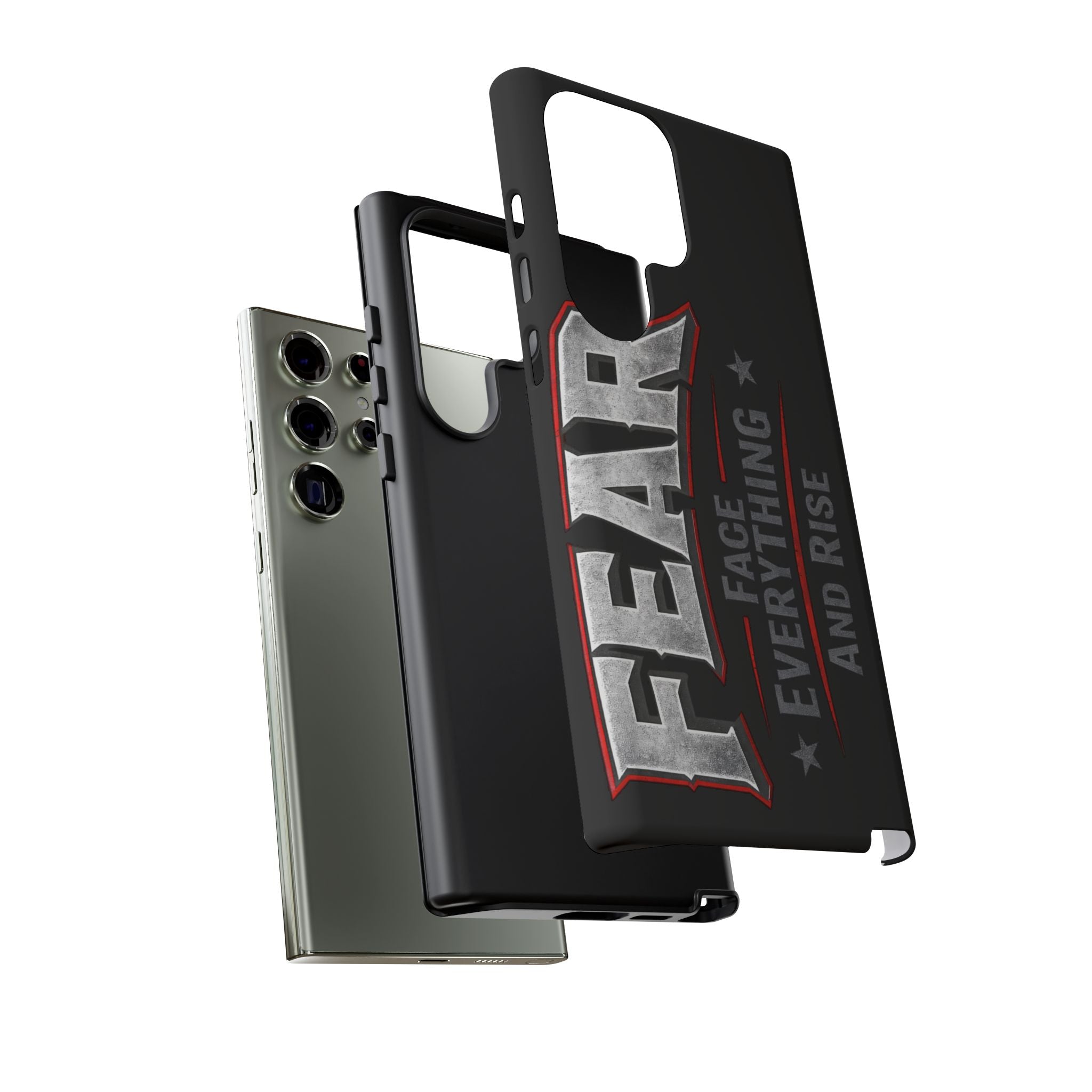 Fear phone case by Printify featuring a motivational design with the phrase "Face Everything and Rise."