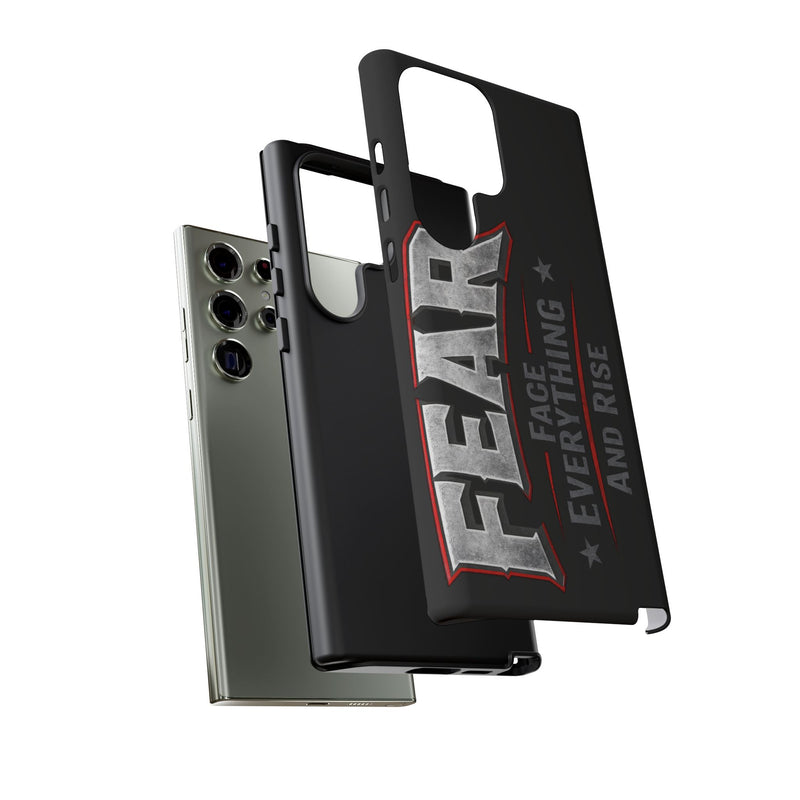 Fear phone case by Printify featuring a motivational design with the phrase "Face Everything and Rise."