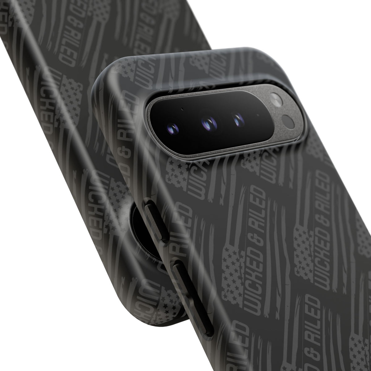 Rugged black protective phone case by Printify featuring a textured "TOUGH CASES" pattern.