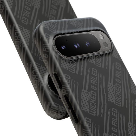 Rugged black protective phone case by Printify featuring a textured "TOUGH CASES" pattern.
