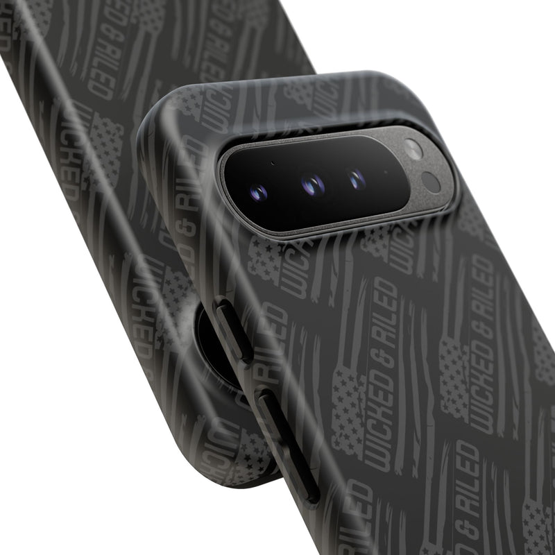 Rugged black protective phone case by Printify featuring a textured "TOUGH CASES" pattern.