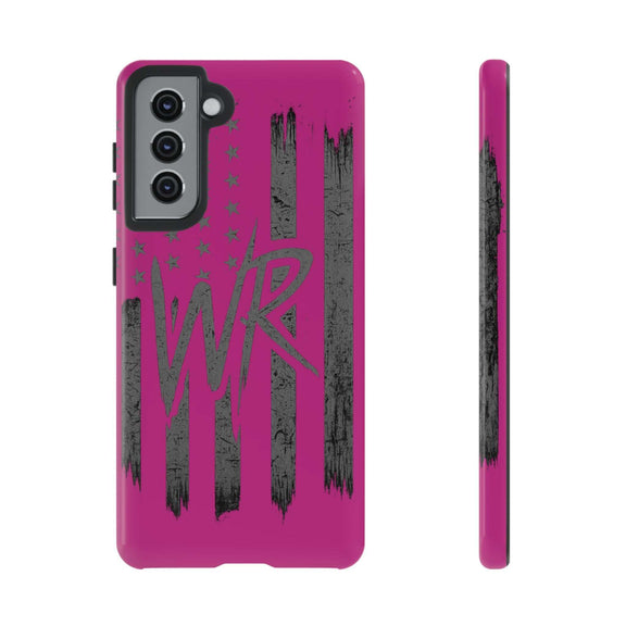 Pink 'WR' Flag Tough Phone Case by Printify showcasing durable design and vibrant colors on a smartphone.