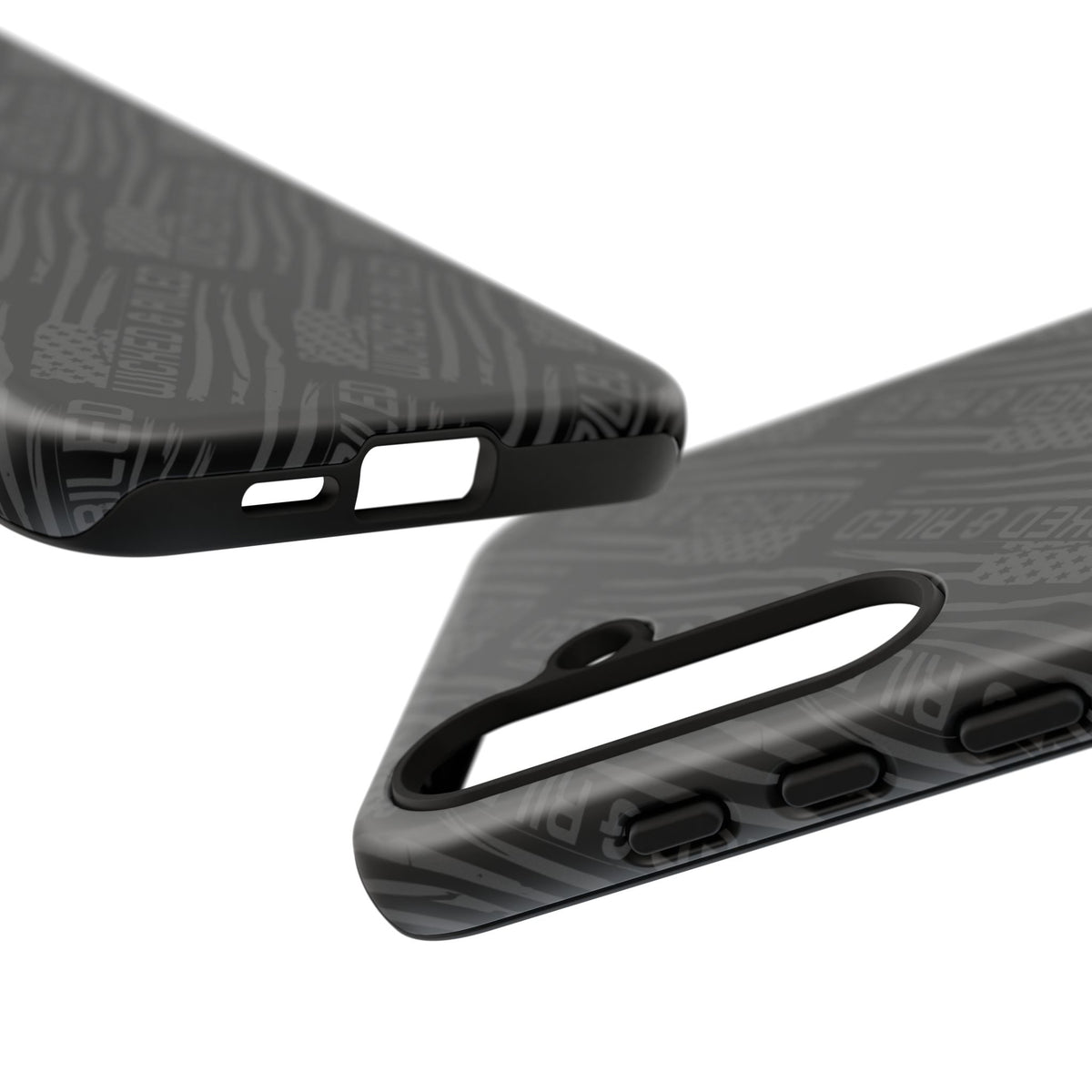 Rugged black protective phone case with "TOUGH CASES" text pattern by Printify, designed for durability and style.
