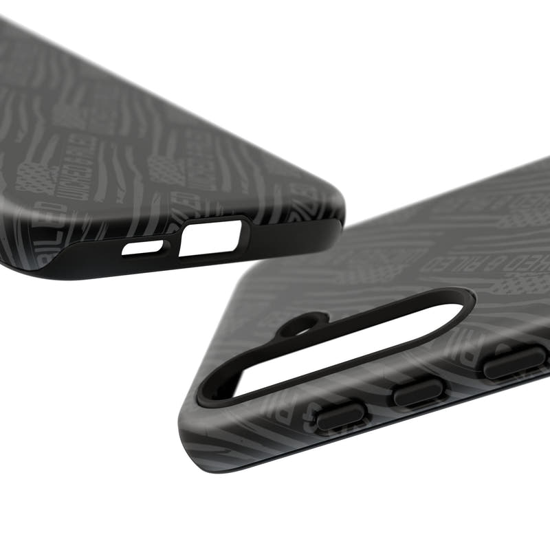 Rugged black protective phone case with "TOUGH CASES" text pattern by Printify, designed for durability and style.
