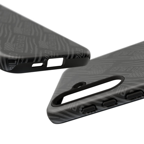 Rugged black protective phone case with "TOUGH CASES" text pattern by Printify, designed for durability and style.