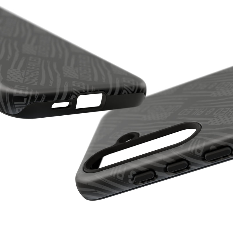 Rugged black protective phone case with "TOUGH CASES" text pattern by Printify, designed for durability and style.
