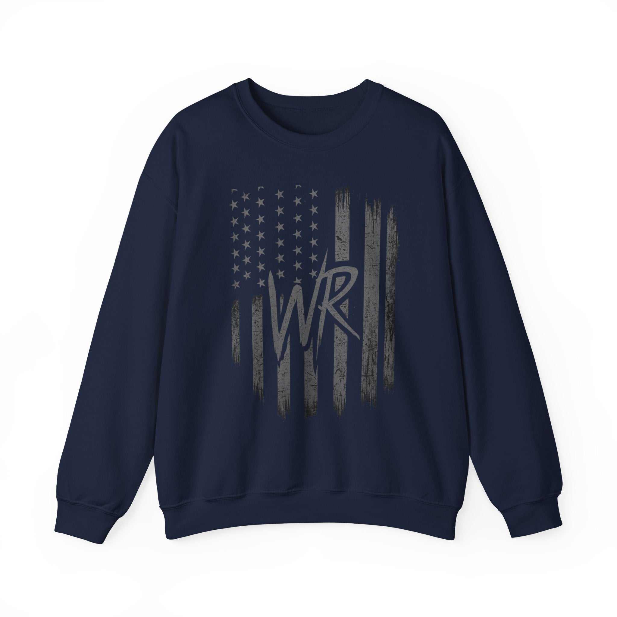 Distressed American flag crewneck sweatshirt with WR monogram, featuring a cozy pullover design by Printify.