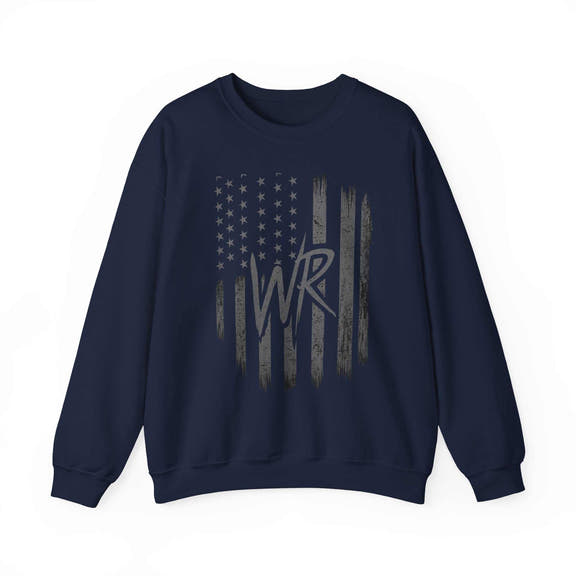 Distressed American flag crewneck sweatshirt with WR monogram, featuring a cozy pullover design by Printify.