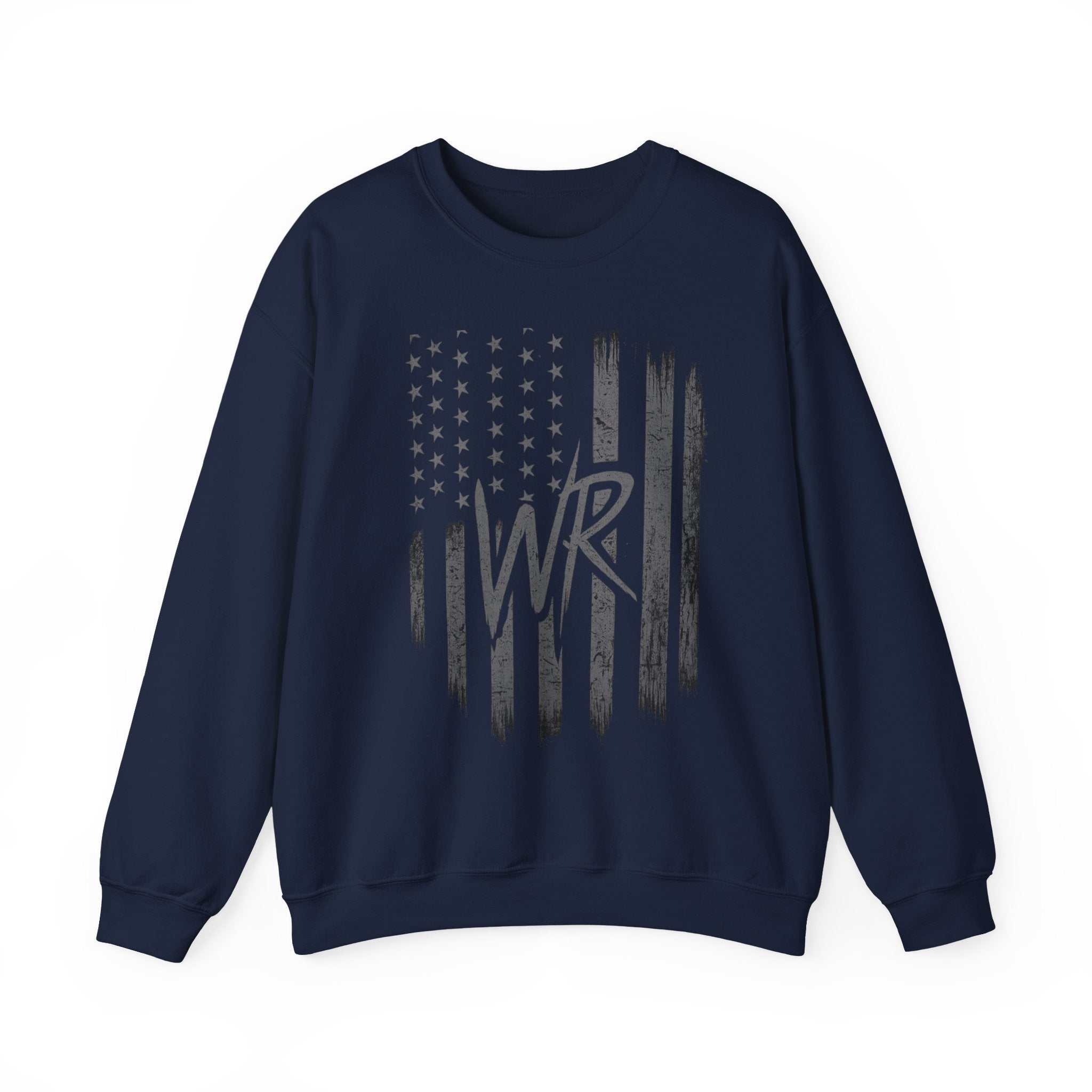 American Flag Crewneck Sweatshirt with WR Monogram — Distressed Patriotic Pullover