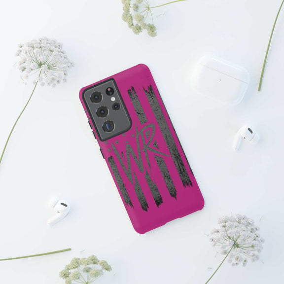 Pink 'WR' Flag Tough Phone Case by Printify, showcasing a durable design with a vibrant flag pattern.