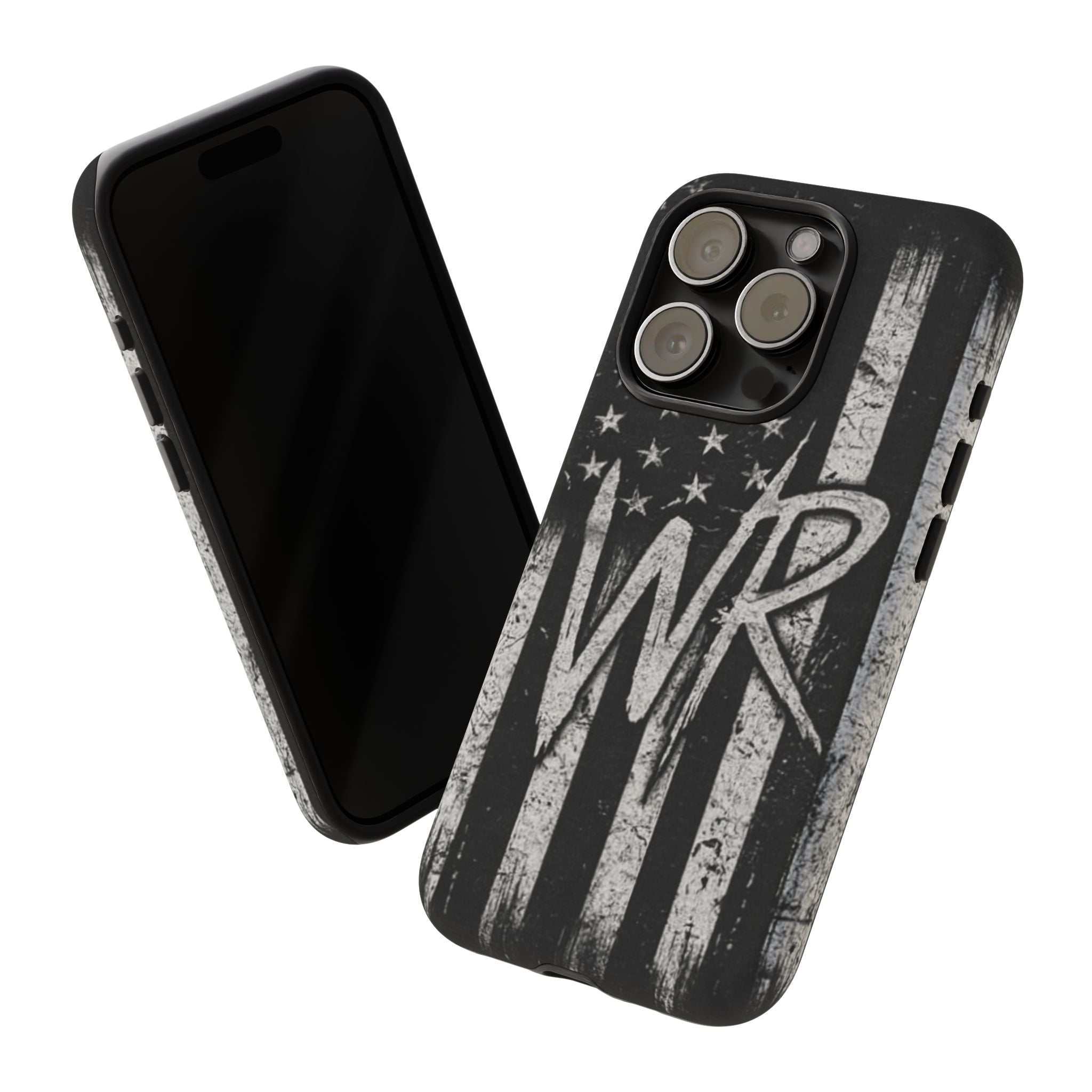 Distressed American flag design on a tough phone case with monogram WR by Printify.