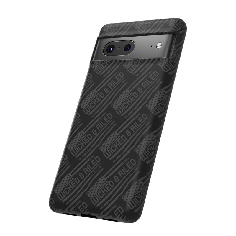 Rugged black protective phone case by Printify featuring a textured "TOUGH CASES" pattern for enhanced grip.