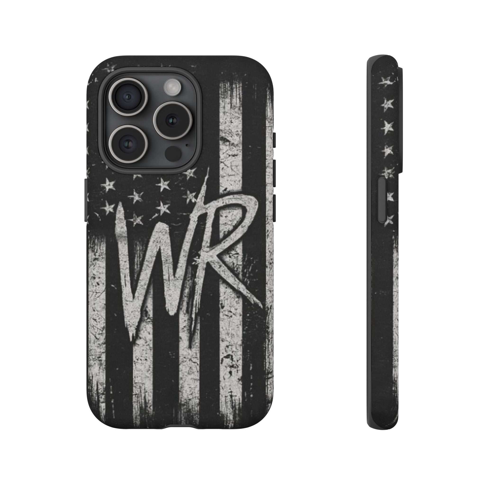 Patriotic monogram tough phone case featuring a distressed American flag design with initials WR by Printify.