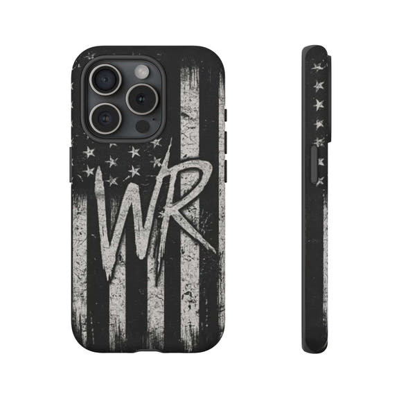 Patriotic monogram tough phone case featuring a distressed American flag design with initials WR by Printify.