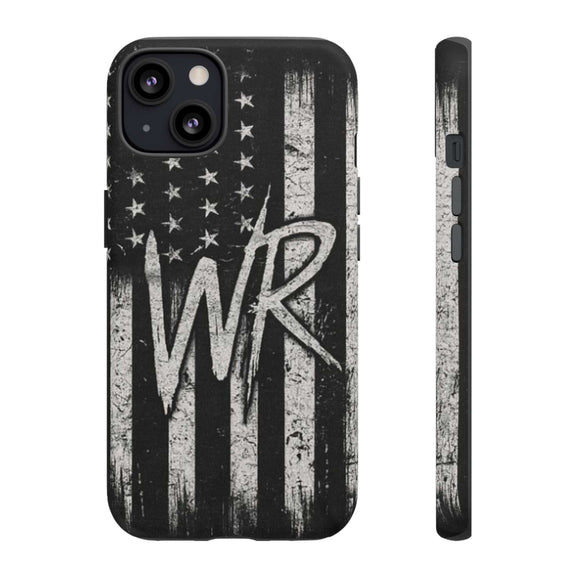 Patriotic Monogram Tough Phone Case featuring a distressed American flag design with the initials WR.