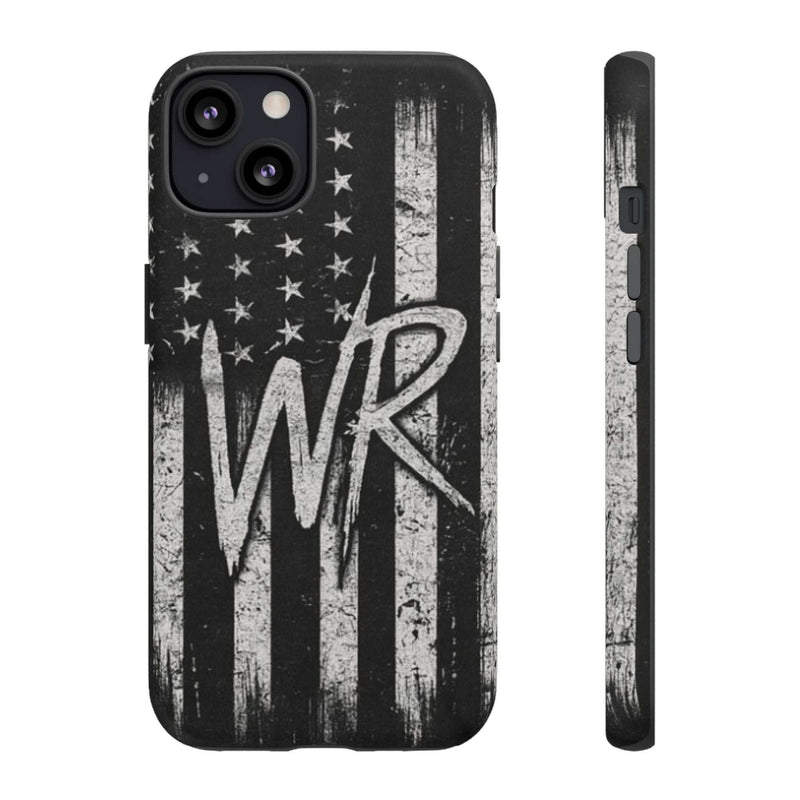 Patriotic Monogram Tough Phone Case featuring a distressed American flag design with the initials WR.