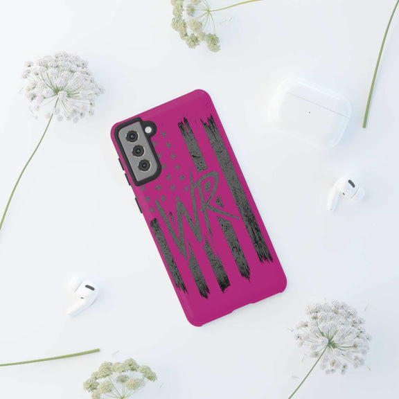 Pink 'WR' flag tough phone case by Printify, showcasing durable design and vibrant colors.