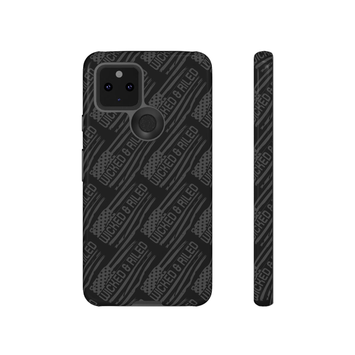 Rugged black protective phone case from Printify featuring a textured TOUGH CASES pattern.