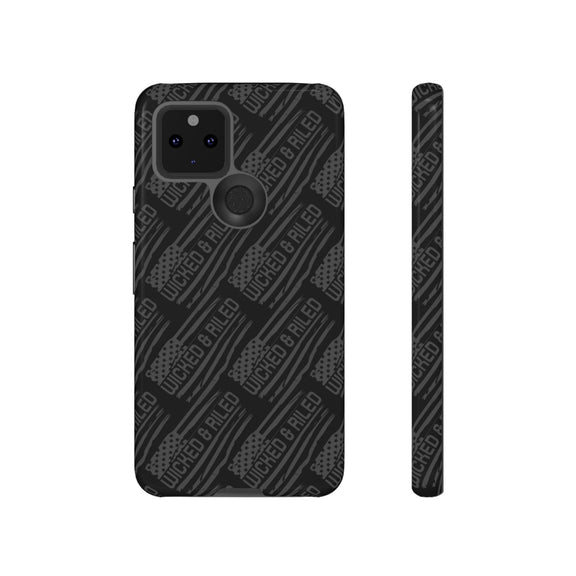 Rugged black protective phone case from Printify featuring a textured TOUGH CASES pattern.