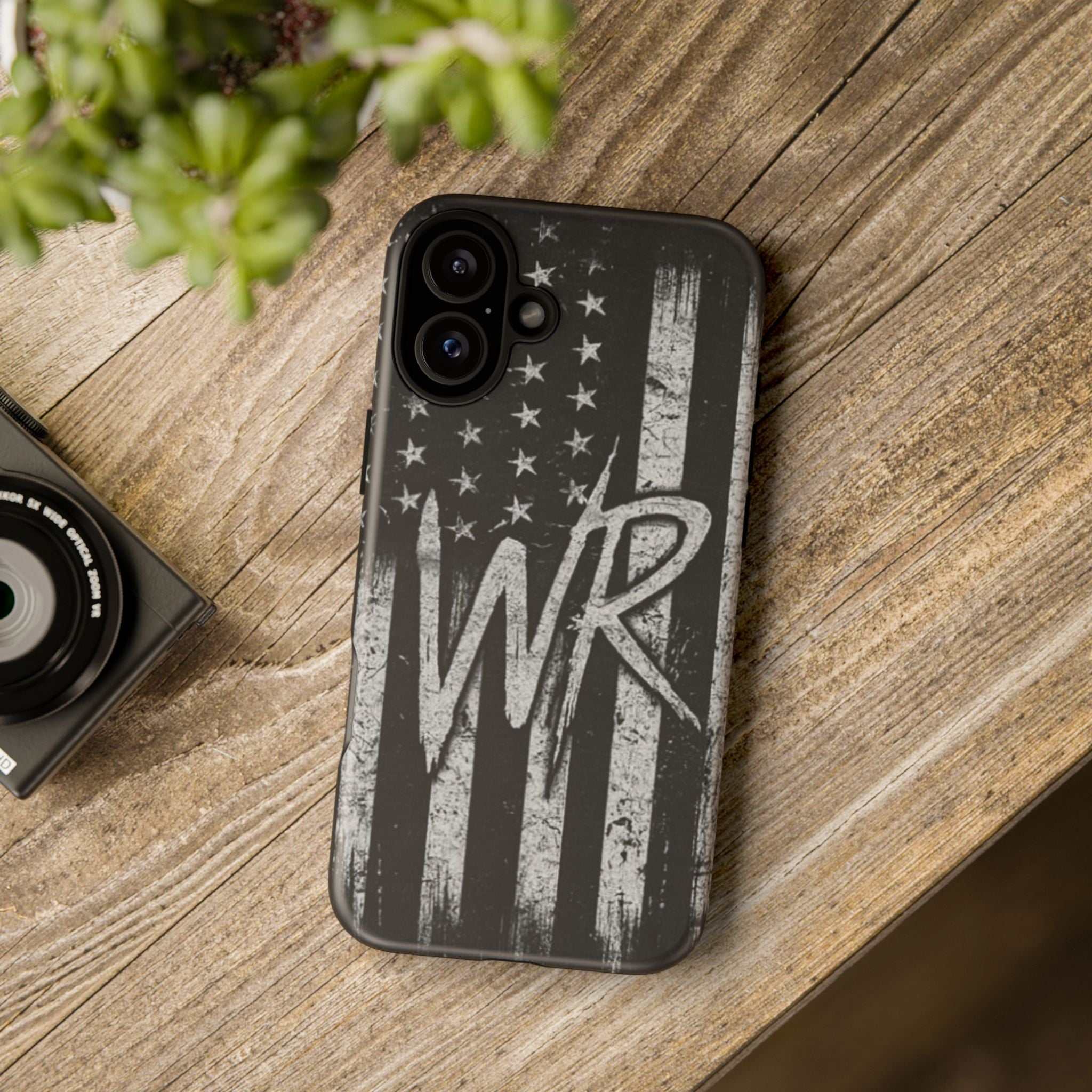 Distressed American flag design on a tough phone case featuring a monogram "WR" by Printify.