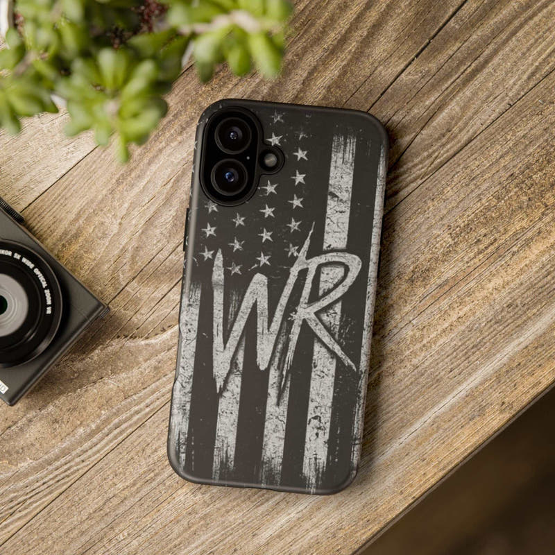 Distressed American flag design on a tough phone case featuring a monogram "WR" by Printify.
