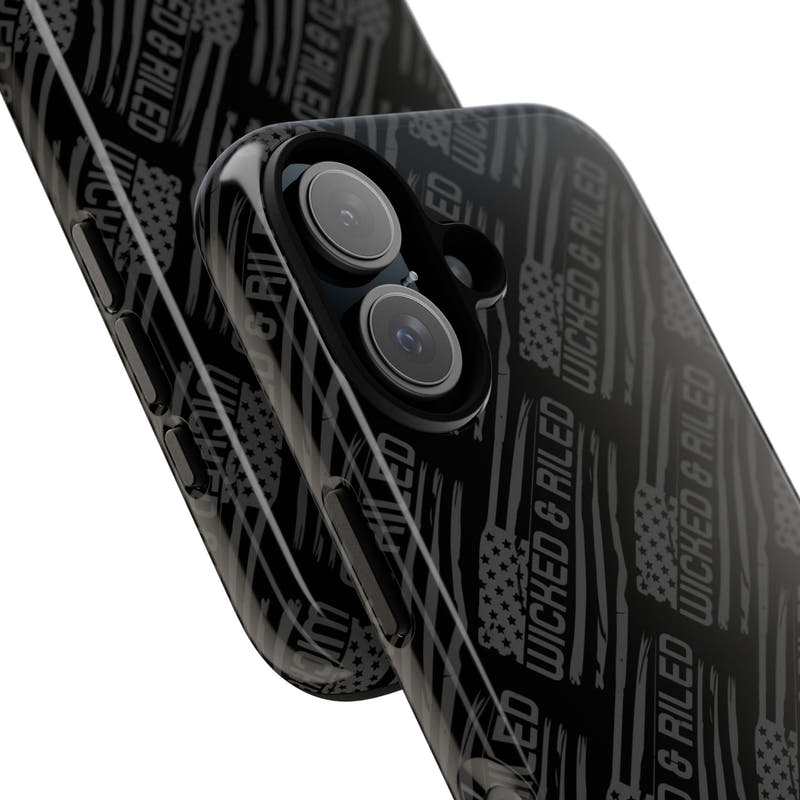 Rugged black protective phone case by Printify with "TOUGH CASES" text pattern, showcasing its durable design.