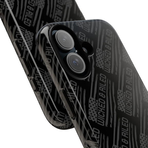 Rugged black protective phone case by Printify with "TOUGH CASES" text pattern, showcasing its durable design.