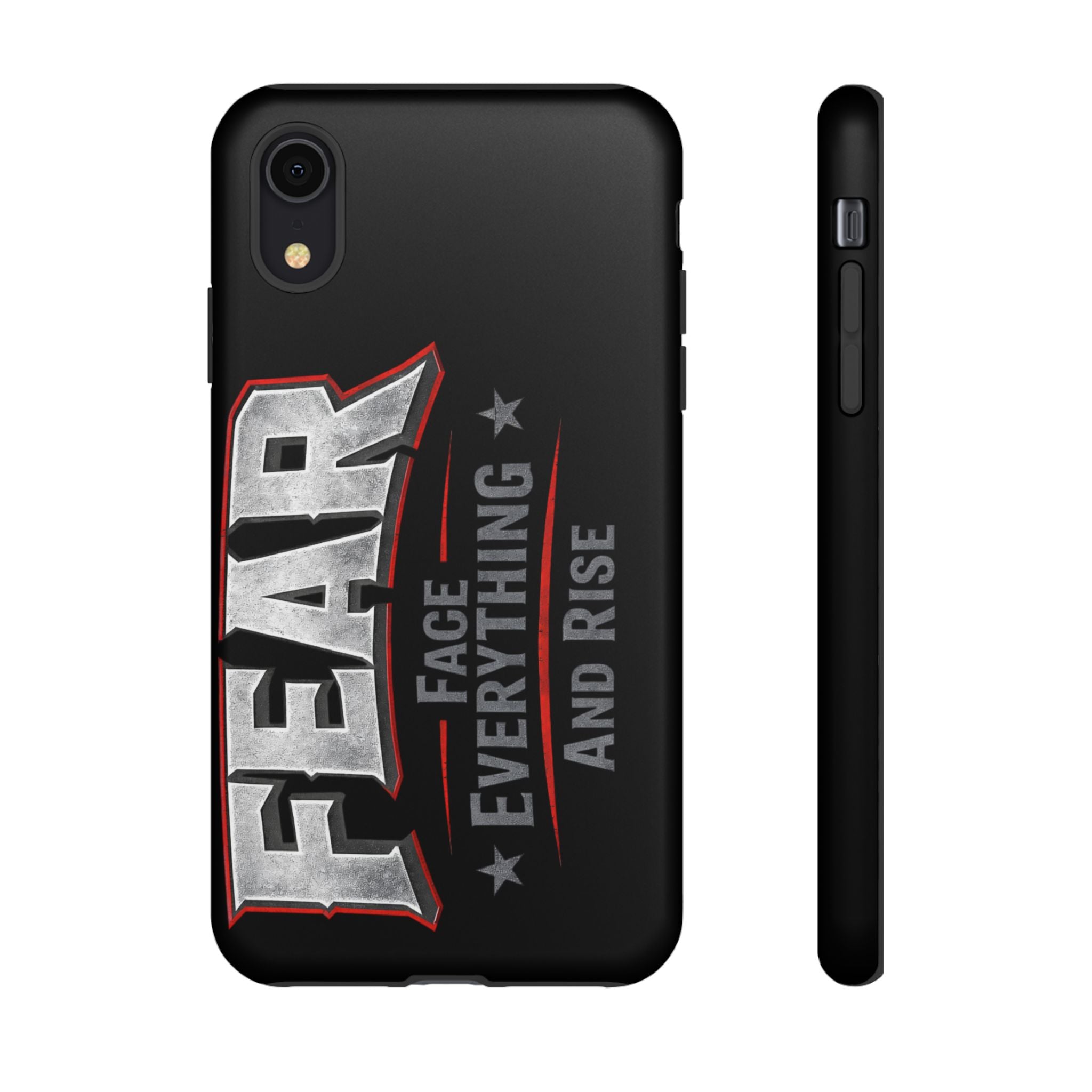 Fear phone case by Printify featuring the phrase "Face Everything and Rise" with a sleek design.