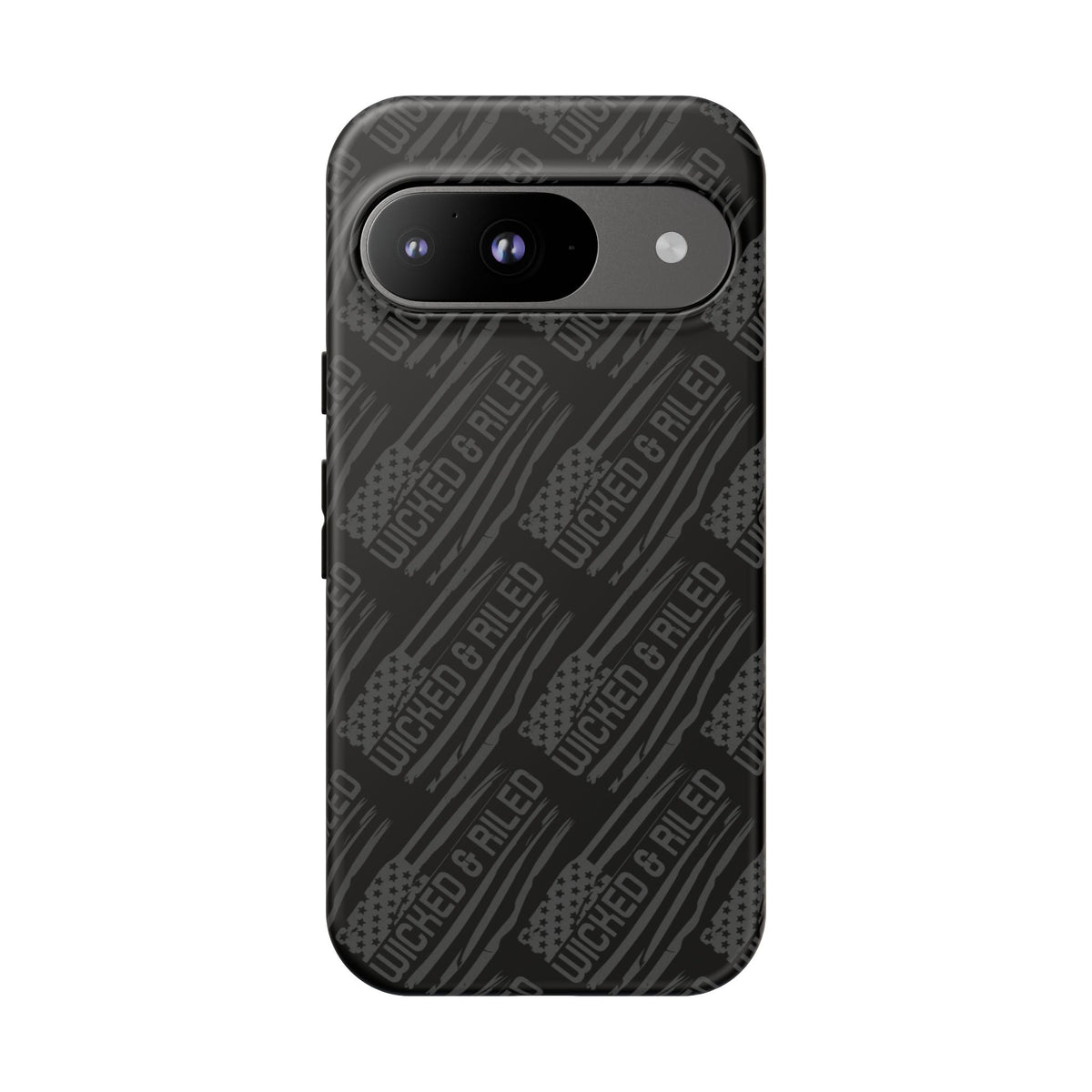 Rugged black protective phone case by Printify featuring a textured TOUGH CASES pattern.