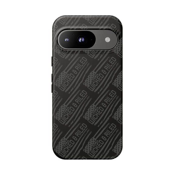 Rugged black protective phone case by Printify featuring a textured TOUGH CASES pattern.