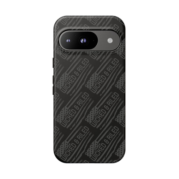 Rugged black protective phone case by Printify featuring a textured TOUGH CASES pattern.