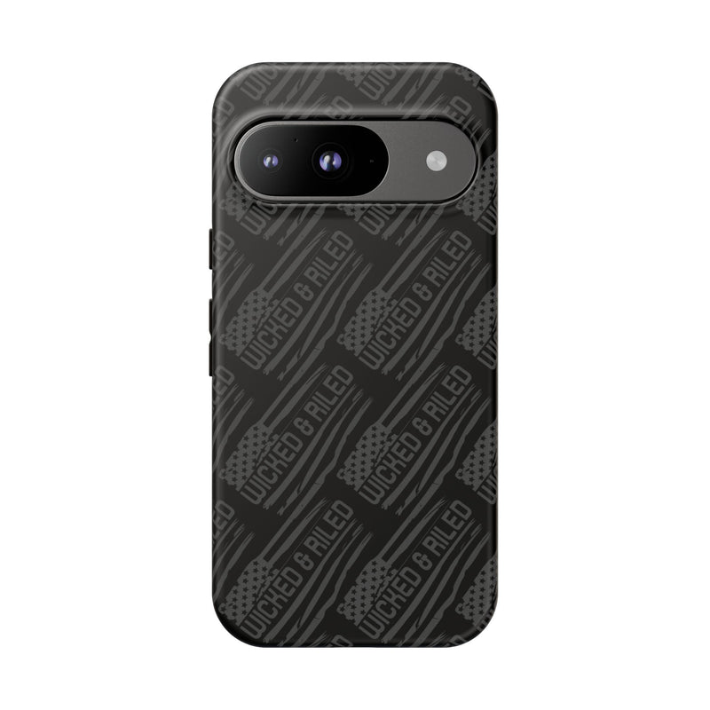 Rugged black protective phone case by Printify featuring a textured TOUGH CASES pattern.
