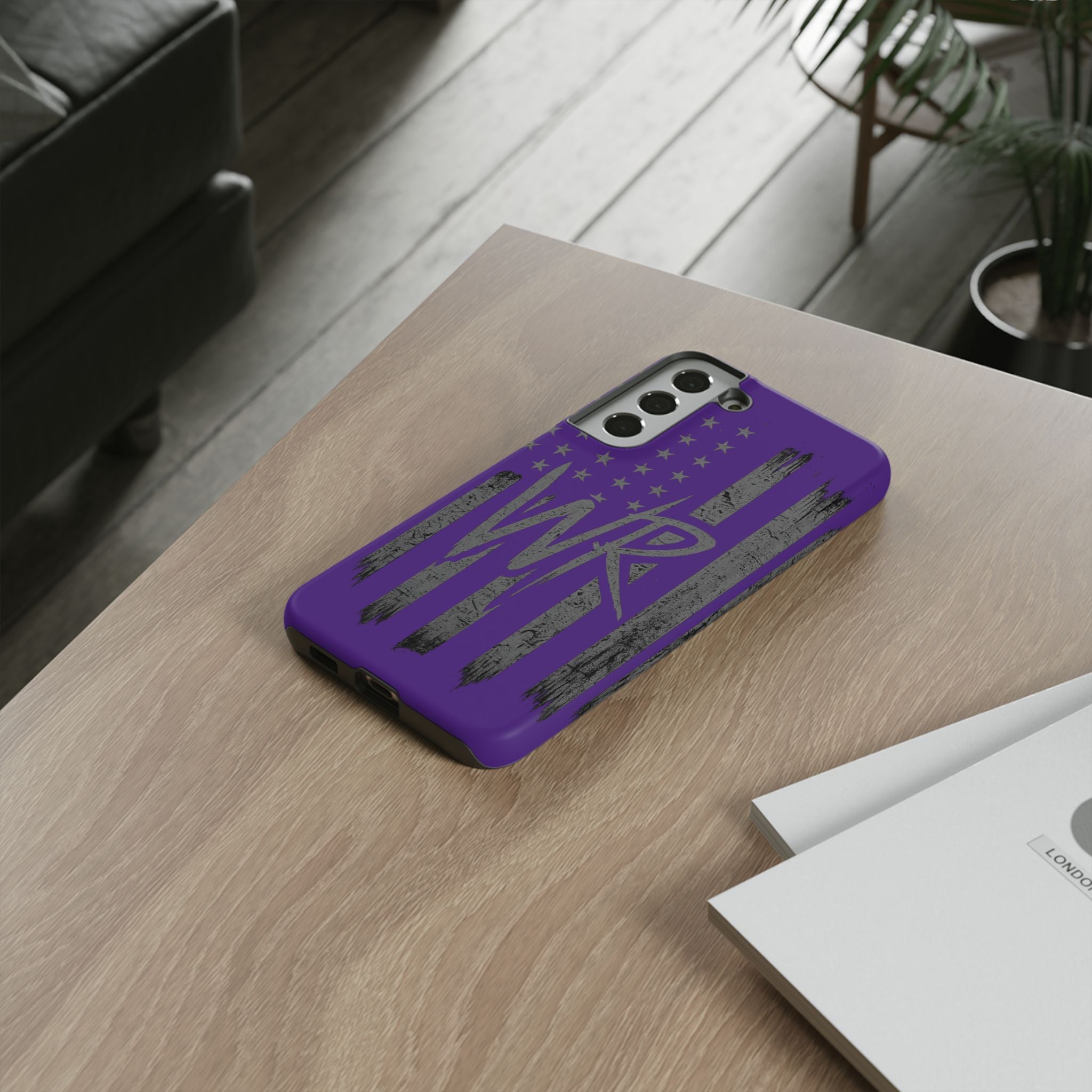 Purple 'WR' Flag Tough Phone Case by Printify, showcasing a durable design with a vibrant flag pattern.
