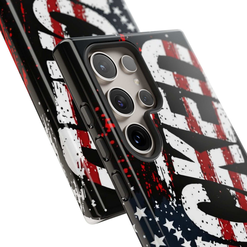 Distressed American flag phone case with "VETERAN" graphic by Printify, showcasing rugged patriotic design and protection.