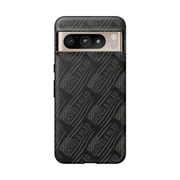 Rugged black protective phone case with textured pattern, designed by Printify for enhanced durability and grip.