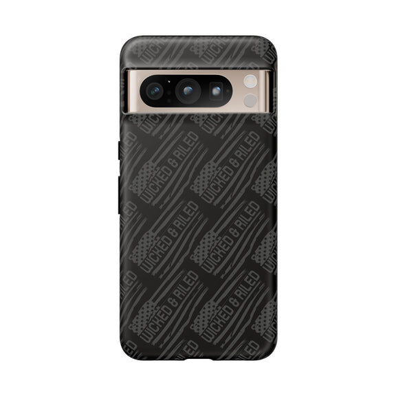 Rugged black protective phone case with textured pattern, designed by Printify for enhanced durability and grip.