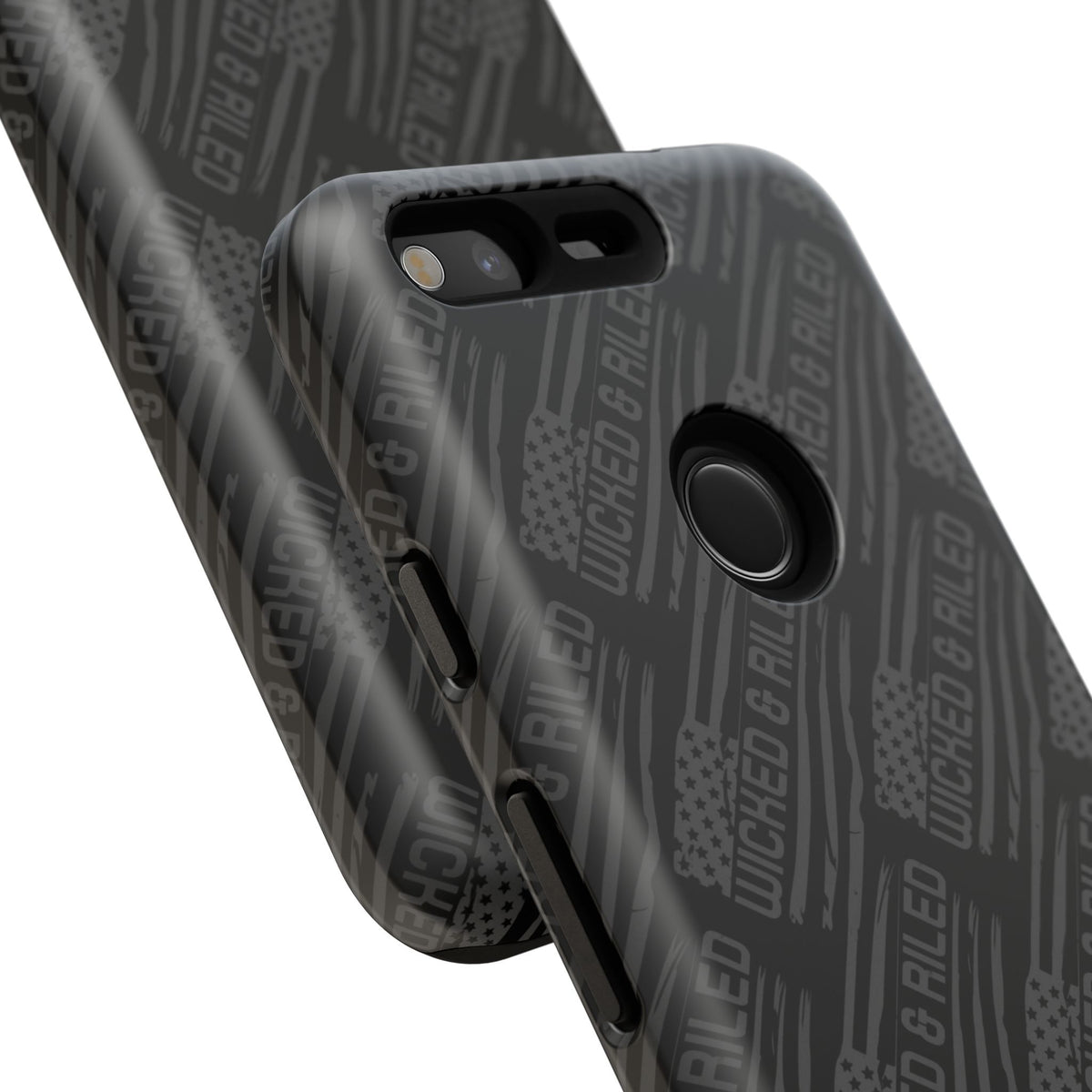 Rugged black protective phone case by Printify featuring a text pattern that reads "TOUGH CASES".