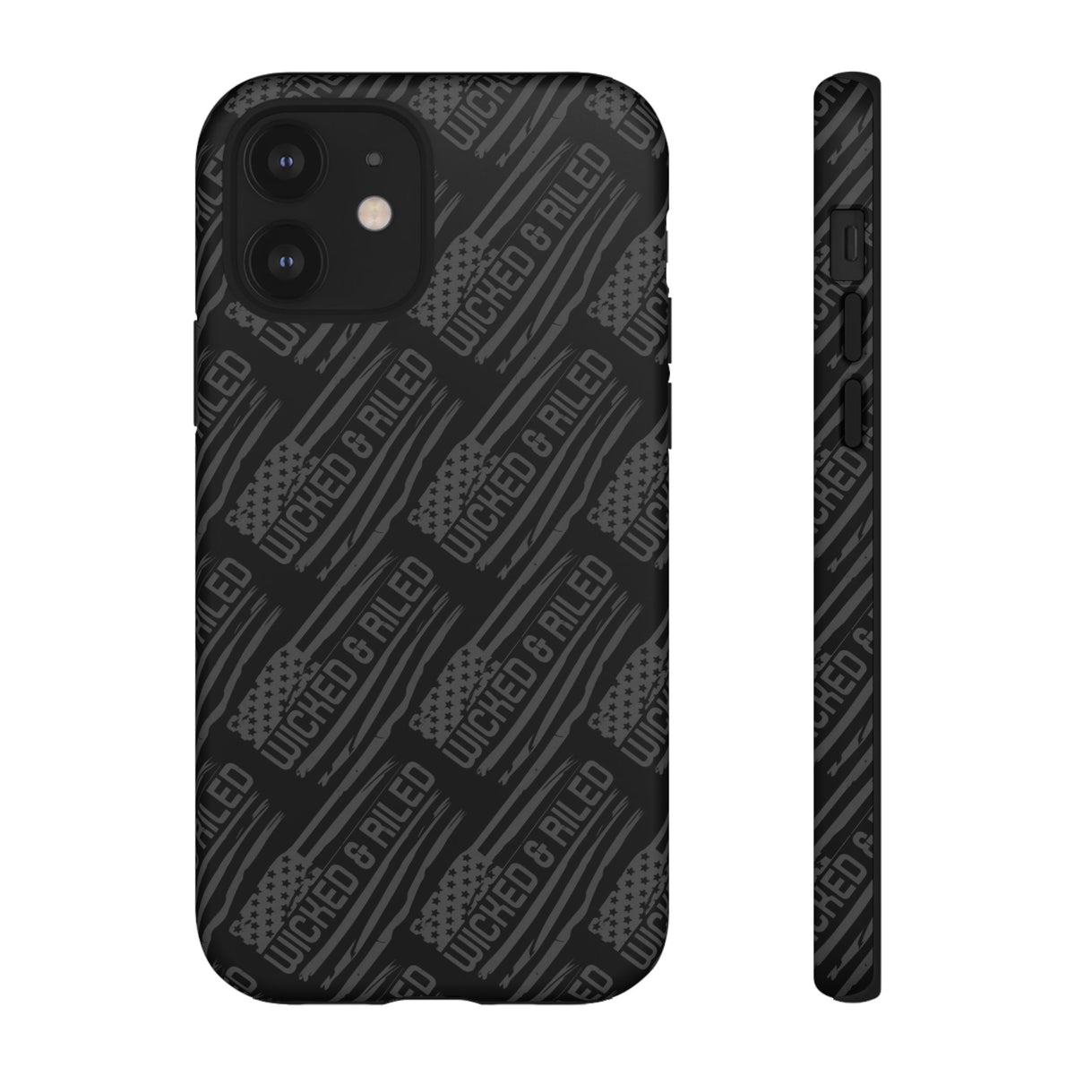 Rugged black protective phone case by Printify with textured "TOUGH CASES" pattern, designed for durability.